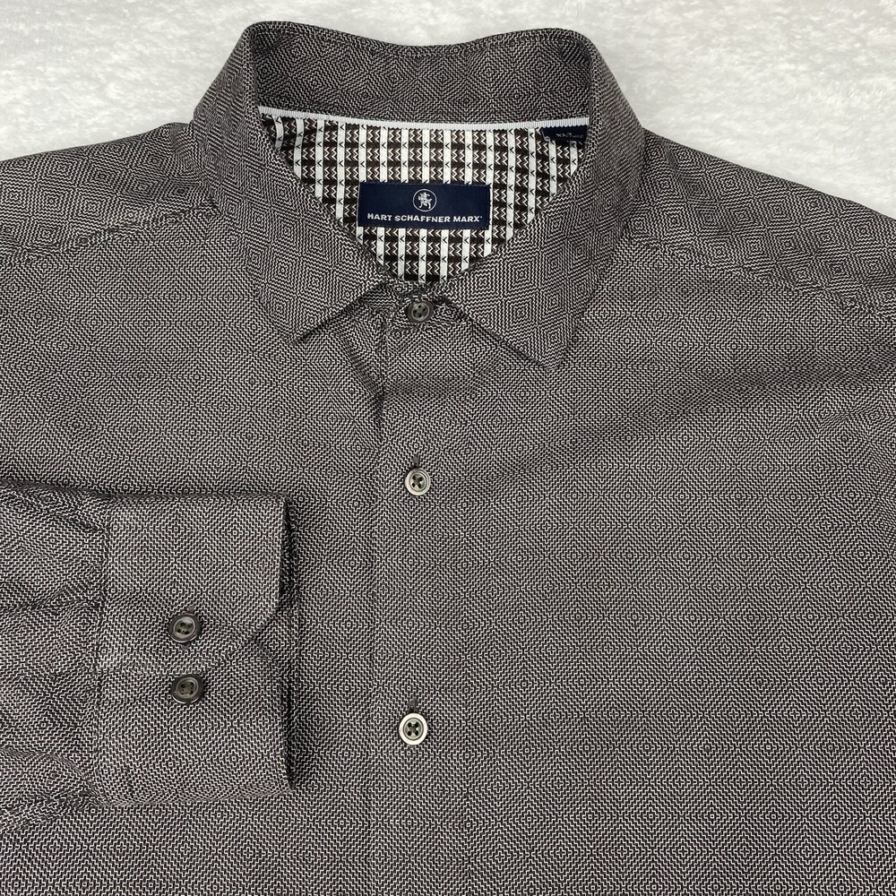 Hart Schaffner Marx Shirt Mens XLT Brown Geometric Print Heavier Cotton